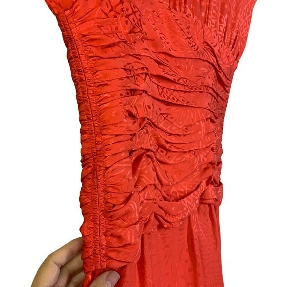 LIZ CLAIBORNE Vintage Red Silk Pineapple Print Ruched Midi Dress - Picture 6 of 14